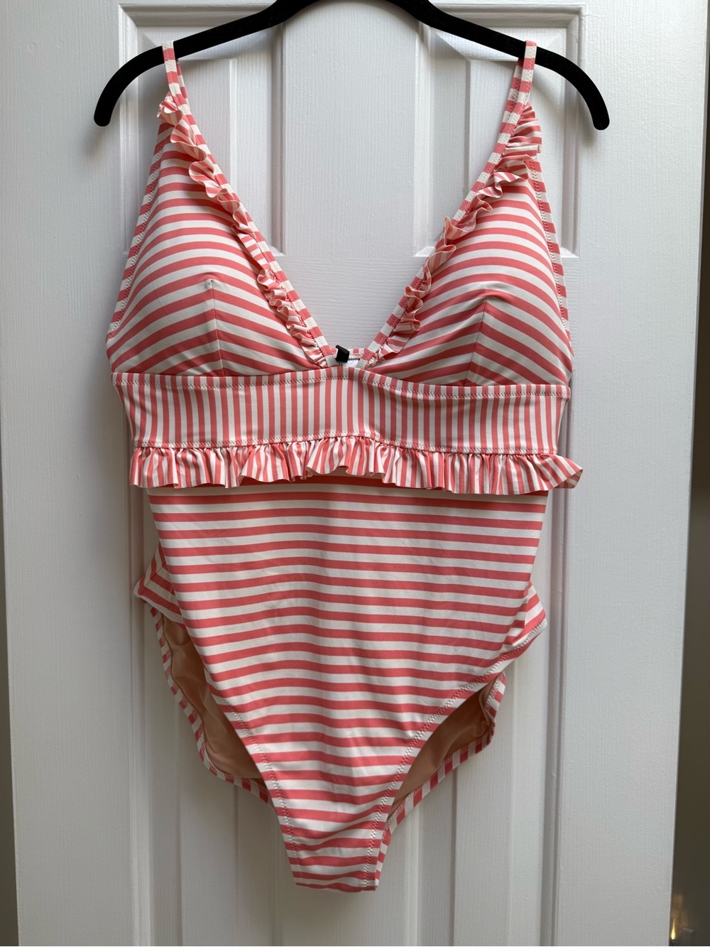 J.Crew Factory Peach White Stripe Ruffle One Piece Swimsuit Size 16 Womens